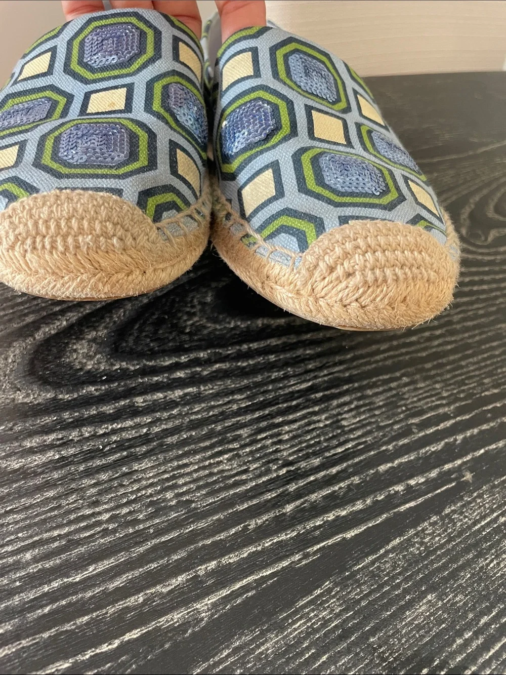 Tory Burch Geometric Sequin Espadrilles in Blue, Green & Cream
